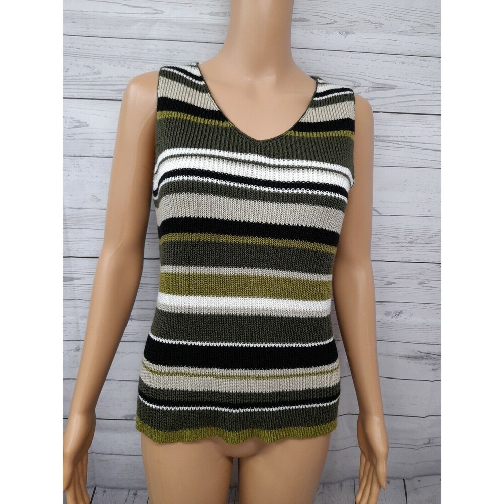 Amanda Smith Knit Crochet Striped Sleeveless Top Vest Sz M Green White Black